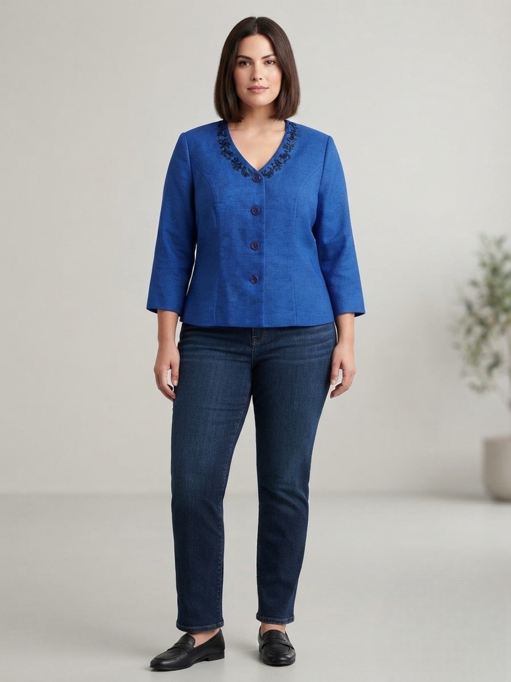 Sag Harbor Dress Royal Blue Beaded V-Neck Jacket Size 12